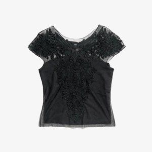 Vintage Black Embroidered Mesh Overlay Short Sleeve Top by Vivienne Tam